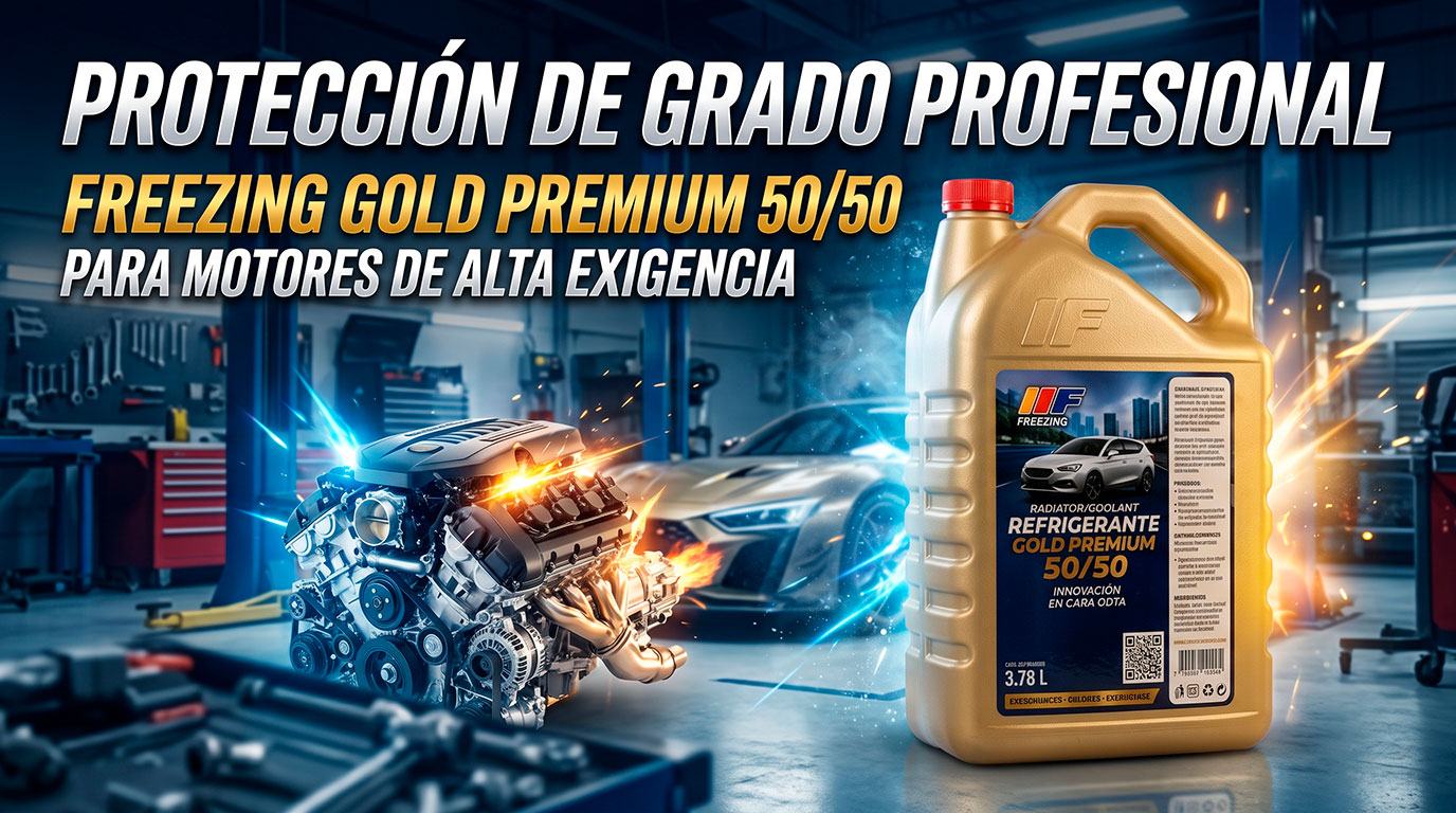Refrigerante Freezing Gold Premium 50/50 en galón dorado junto a motor de alto rendimiento en taller mecánico automotriz.