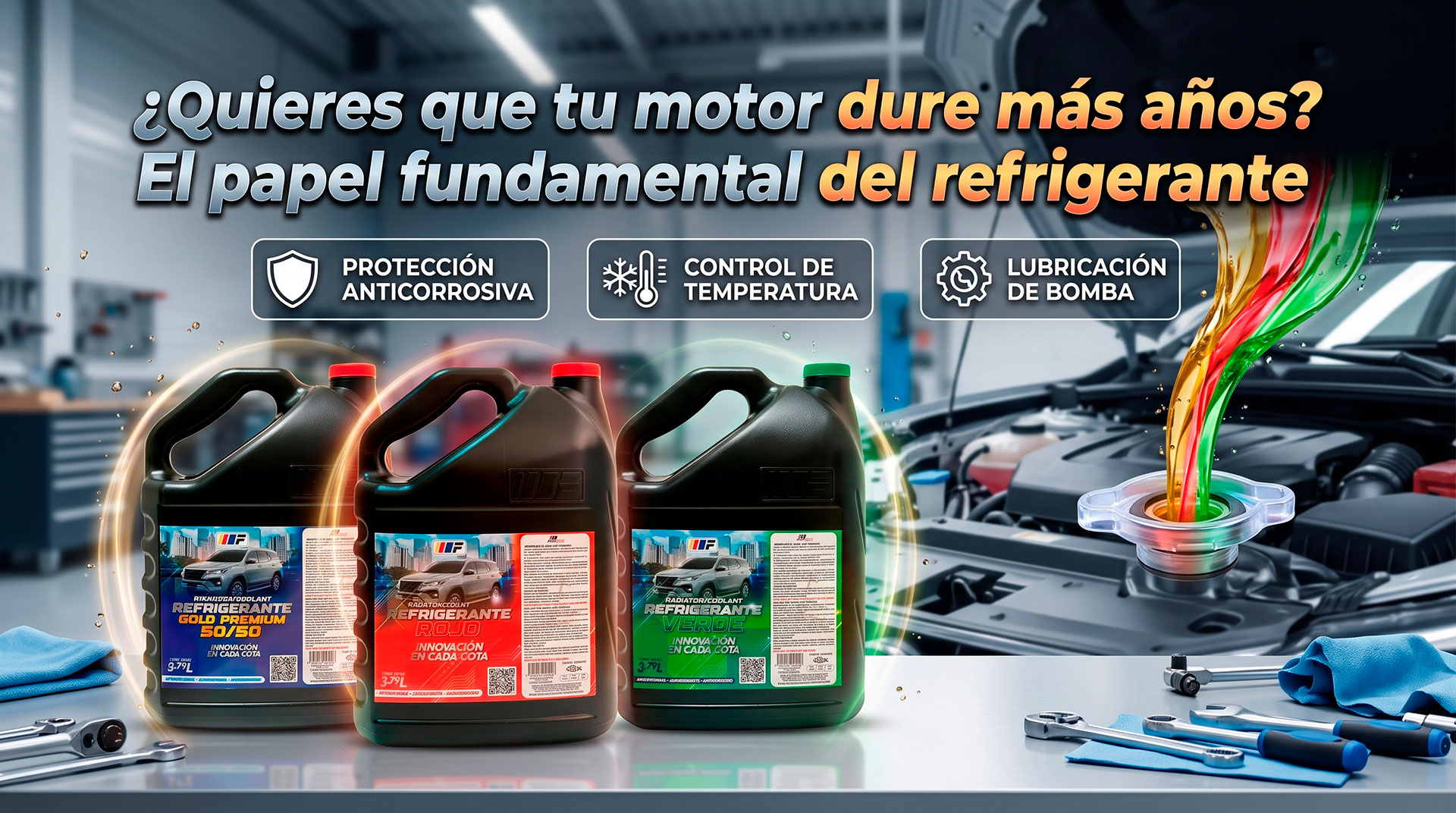 Galones de refrigerante automotriz Freezing Gold Premium, Rojo y Verde en un taller mecánico junto a un motor de auto, ilustrando el papel fundamental del refrigerante para prolongar la vida útil del motor.