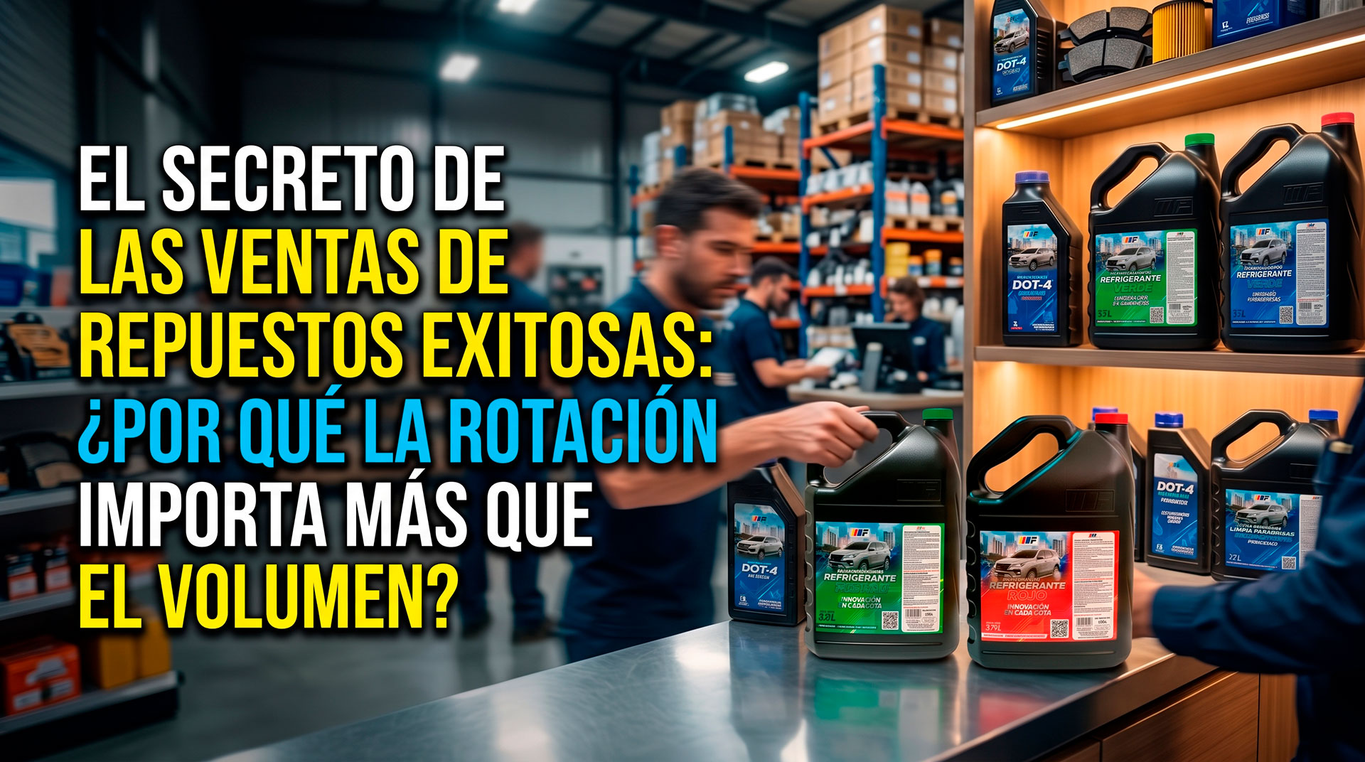Imagen destacada del blog sobre rotación vs volumen en ventas de repuestos automotrices, mostrando lubricantes y fluidos para motor en el mostrador de una tienda de autopartes.